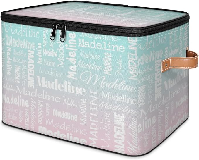 Custom Storage Basket with Name, Personalized Keepsake Box with Zipper Lid, Foldable Fabric Memory Bin Large capacity with Handle Green Pink