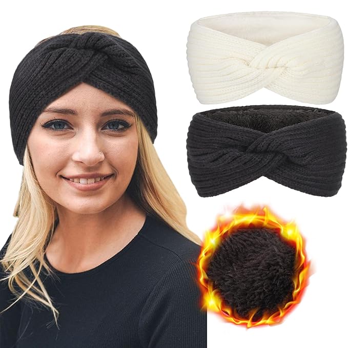 AQOKKA Knit Winter Headbands for Women Fuzzy Wool Fleece Lined Ear Warmers Elastic Turban Crocheted Head Wrap Winter Accessories for Women Cold Weather