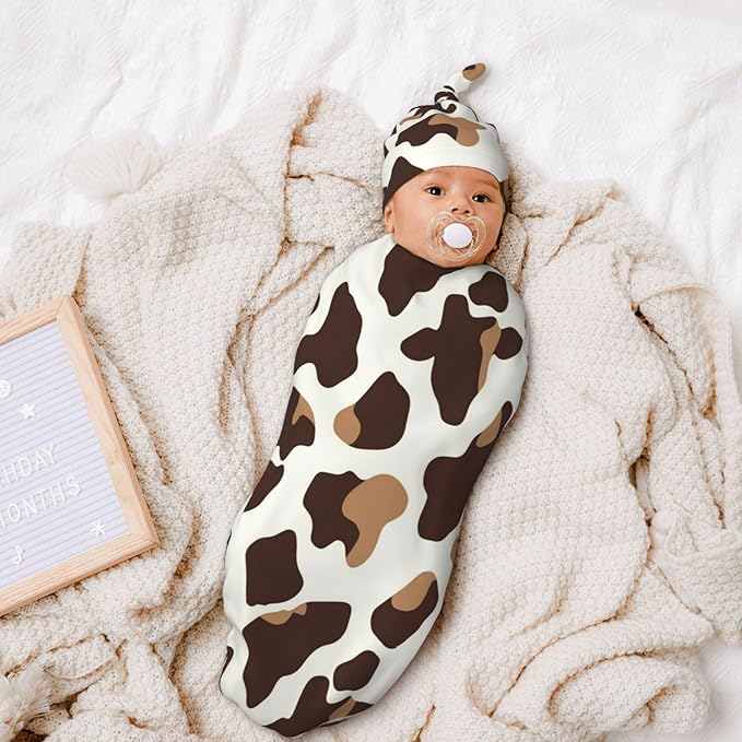 Newborn Swaddle Blankets and Hat Set Soft Cotton Baby Swaddle Wrap Warm Infant Receiving Blanket Cow Print-7