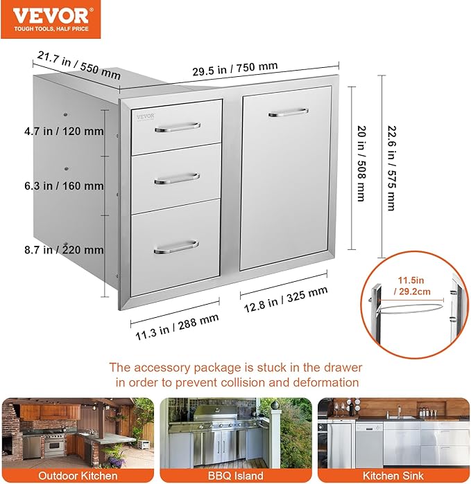 VEVOR Stainless Steel Cabinet, Outdoor Kitchen Door Drawer Combo 29.5" W x 22.6" H x 21.7" D, Access Door/Triple Drawers, Propane Drawer, Adjustable Garbage Ring, BBQ Island Patio Grill Station