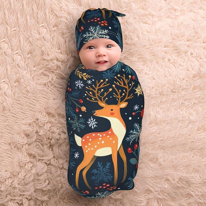 Christmas Baby Swaddle Blanket and Hat Set for Newborn Boys Girls Soft Infant Wrap Sleep 0-6 Months Christmas Elk