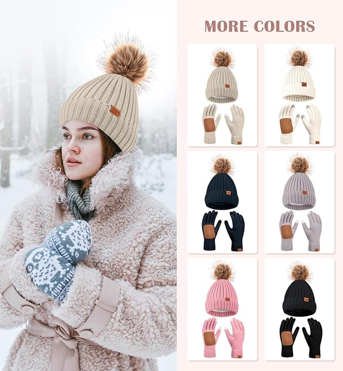 Womens Winter Beanie Hat Gloves Set,Fleece Lined Warm Knit Pom Pom Ski Hat Touchscreen Gloves Set Gifts for Cold Weather