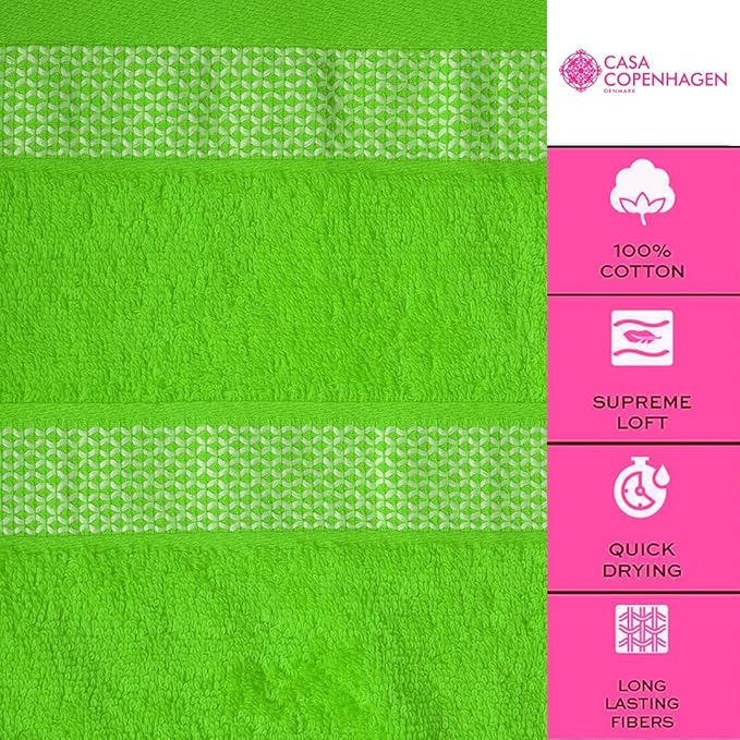 CASA COPENHAGEN Designed in Denmark 600 GSM 2 Large Bath Towels 2 Large Hand Towels 2 Washcloths, Super Soft Egyptian Cotton 6 Towels Set for Bathroom, Kitchen & Shower - Lime Green