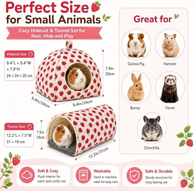 Guinea Pig Hideout Tunnel Set, 2 Pack Washable Small Animal Bed with Removable Cushion, Hamster Hideout Play Tunnel Toys for Guinea Pigs, Hamsters, Hedgehogs, Ferrets, Pink Strawberry