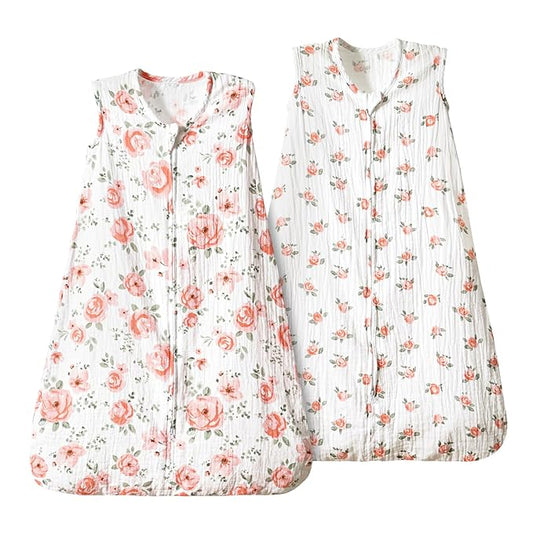PHF 100% Muslin Cotton Baby Sleep Sacks, 18-24 Months Sleep Sack with 2-Way Zipper, 2 Pack Cooling 0.5 TOG Breathable X-Large Size Sleeveless Baby Wearable Blanket for Baby Girl, Floral