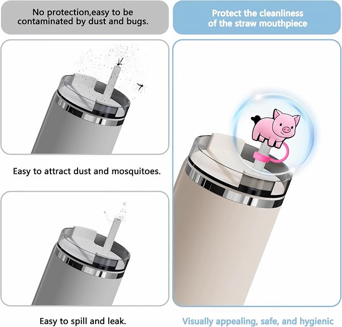 Animal Straw Toppers For Stanley Cups;Straw Covers Cap Toppers Compatible With Stanley 30&40 Oz Tumbler, Reusable & Silicone Tumbler Straws Topper For 0.4 Inch Tips Animal Lover Gifts (Pig)