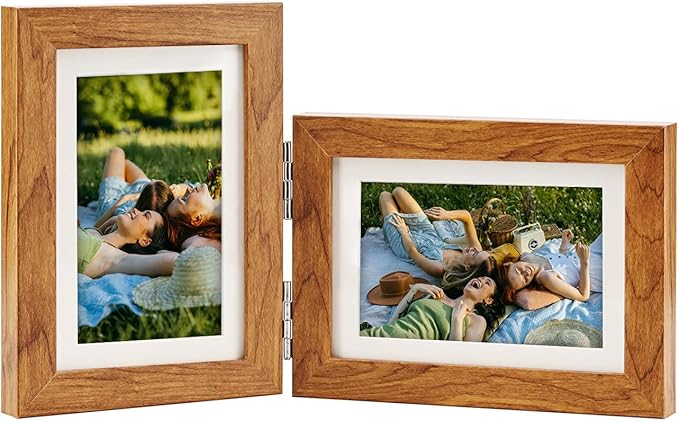 Double Hinged 4X6 Picture Frame with Real Glass-Tabletop or Wall Mounted, Display for 3X5 & 4X6 Photos (with/without Mat)-Rustic Brown, For Family Photos & Wedding Memories-Z4664