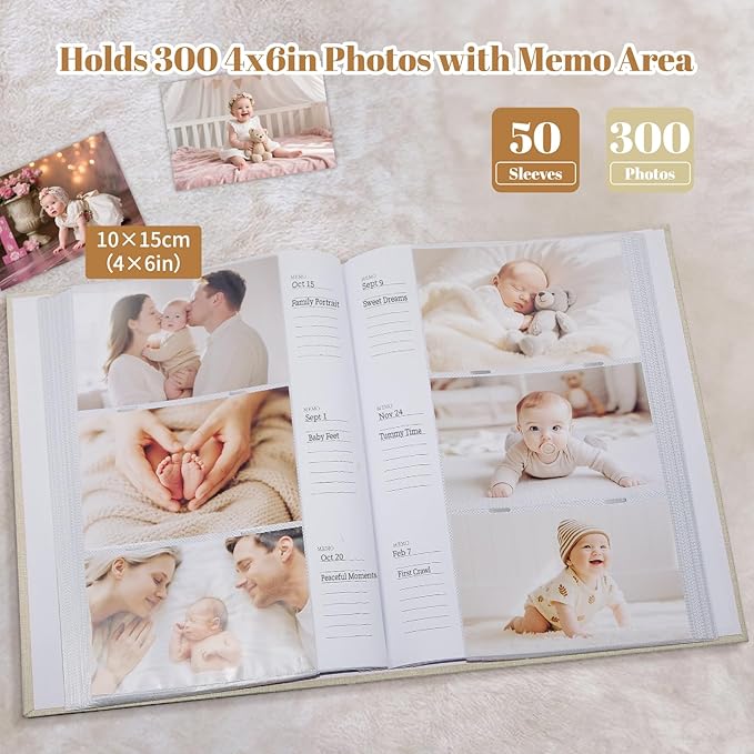 Baby Photo Album 4x6 300 Pockets with Memo Area & Hand and Footprint Kit, Linen Cover Slip-in Memory Book with Front Window, Acid-Free Keepsake for Newborn Boy Girl, First Year Moments