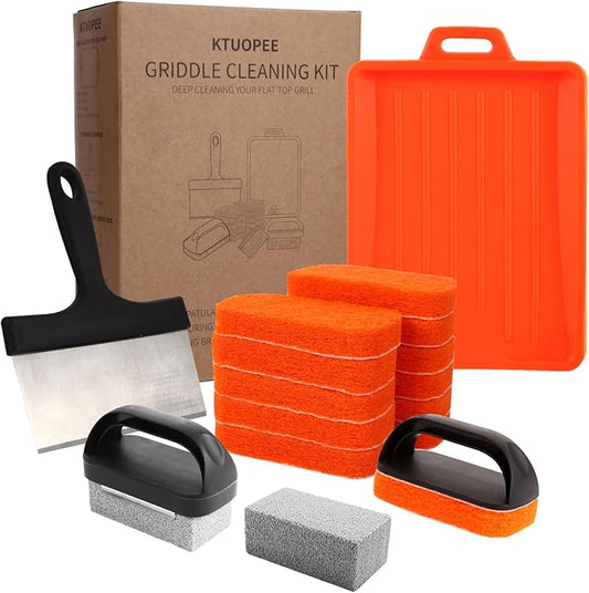 Upgraded Griddle Cleaning Kit for Blackstone 18 Pieces Flat Top Grill Accessories Cleaner Tool Set with Scraper, Heat-Resistant Silicone Spatula Mat with Hanger, Grill Brick, Scouring Pads