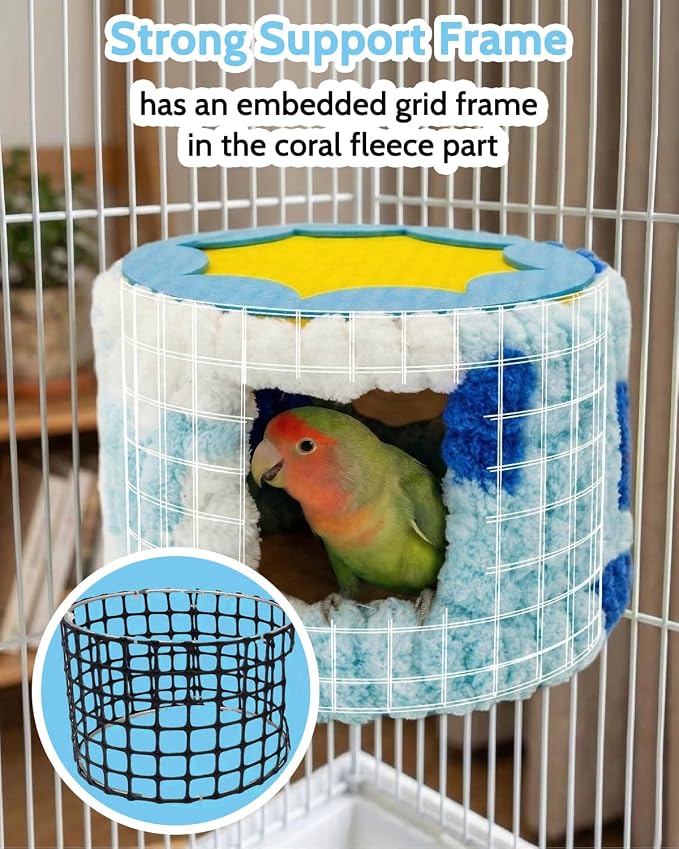 Bird Nest for Cage with Support Frame & Pad, Foot-Friendly Felt | Safe Hideout, Warm Bird Bed for Parakeets Lovebird Budgies, Winter Plush Coral Fleece Hammock Hut, Soft Washable Cozy House