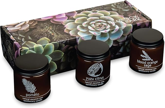 Hemlock Park Apothecary Wood Wick Candle Trio | Gift Set of Three 4 oz Candles Handcrafted with Natural Coconut Wax (Citrus | Pomelo, Yuzu Citrus, Blood Orange Sage)