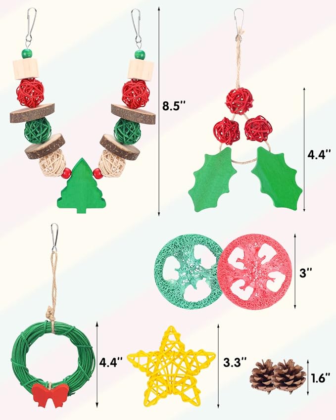 Xylolfsty Christmas Small Pet Chew Toys Set 8PCS for Guinea Pigs | Wooden Accessories for Chinchilla, Hamster & Bunny Rabbit Cages, Help Teeth Grinding, Holiday Decor and Gifts for Small Pets