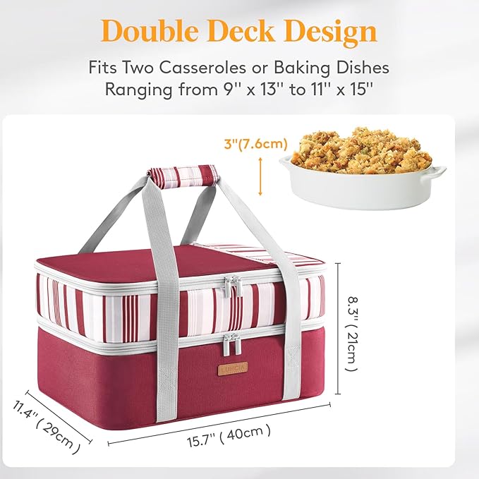 LUNCIA Insulated Double Decker Casserole Carrier, Lasagna Lugger Tote Keeps Food Hot or Cold, Thermal Lunch Bag for Potluck Parties, Picnic and Cookouts, Fits 9" x 13" Baking Dish, Red