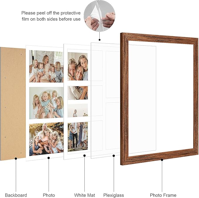 11x13 Collage frame with 5 Openings 4X6 Pictures, Multiple Picture Frame with Mat, Wall or Tabletop Decor, Carbonized Brown Wood Grain,2 Pack