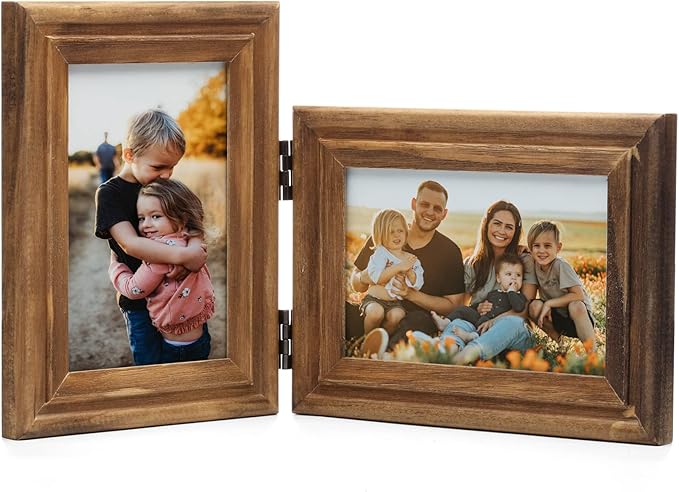 Vertical & Horizontal 4X6 Picture Frames Double Hinged Wood Folding Photo Frames with Real Glass Front Fit for Desktop or Tabletop, Wood Grain XZON-V46-H64