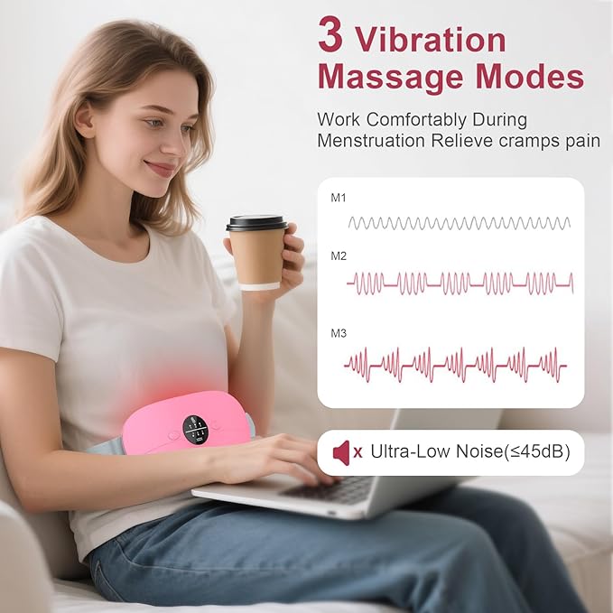 Heating Pad for Period Cramps, 3 Heat Levels and 3 Massage Modes, Portable Heating Pad for Menstrual Cramps, Cordless Electric Period Belt Back Belly Heat Pad, Pink