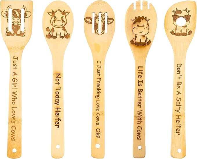 5PCS Cow Wooden Cooking Spoons Cow Gifts Cow Decor Cow Gifts for Women Cow Kitchen Decor Gifts for Cow Lovers Cow Stuff Party Favors Housewarming Wedding Cooking Bamboo Cooking Spoons