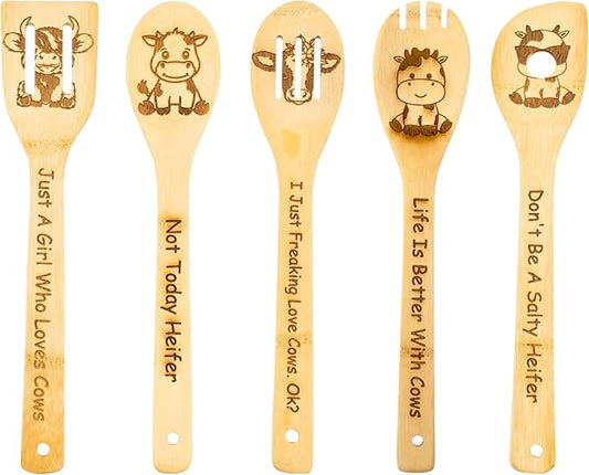 5PCS Cow Wooden Cooking Spoons Cow Gifts Cow Decor Cow Gifts for Women Cow Kitchen Decor Gifts for Cow Lovers Cow Stuff Party Favors Housewarming Wedding Cooking Bamboo Cooking Spoons