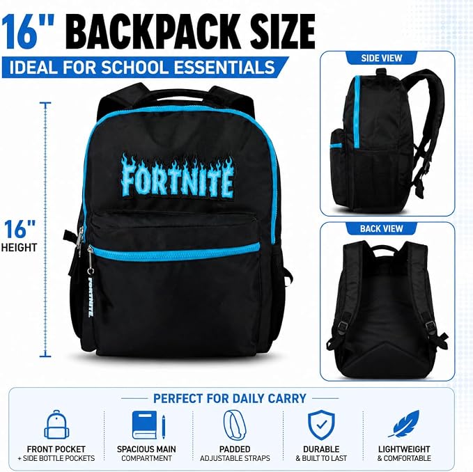 Fortnite Backpack for Kids & Adults, 16” Bookbag with Fortnite Rubber Molded Flame Logo 3D Patch & Rubber Logo Dangle, Black