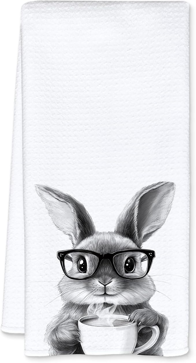 Funny Bunny Kitchen Dish Towels, Gifts for Bunny and Coffee Lovers, Black and White Rabbit Decorative Hand Tea Towels for Coffee Bar Station Kitchen, 16x24 Inch