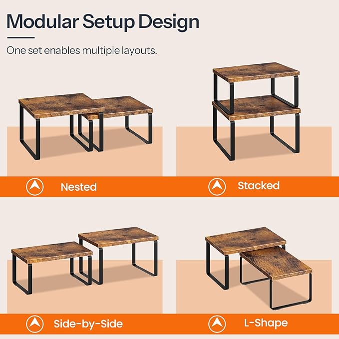 HOOBRO Spice Rack Set of 2, Kitchen Counter Organizer, Kitchen Storage, Cabinet Organizer Shelf, Nest, Stackable, Side-by-Side & L-Shape for Cabinet, Kitchen, Rustic Brown and Black BF33TL01