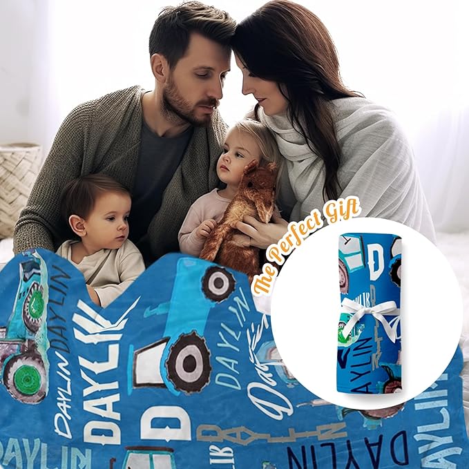 Personalized Tractors Blanket - Custom Name with Farm Tractor Trucks Design - Soft Plush Flannel Bed Blanket for Baby Kid Teen Boys Girls Customized Gifts Blue
