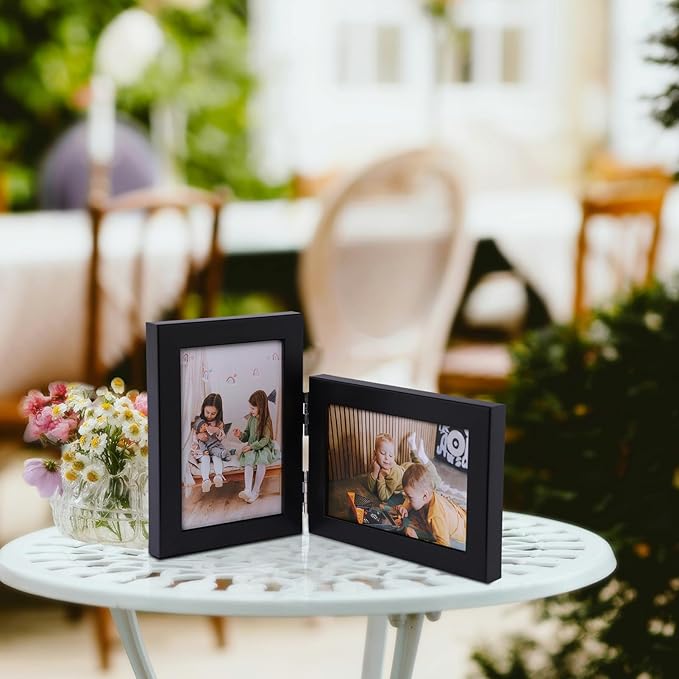 Double Vertical And Horizontal 4X6 Hinged PS Family Picture Frame Collage For Desktop or Tabletop (Black 4664)