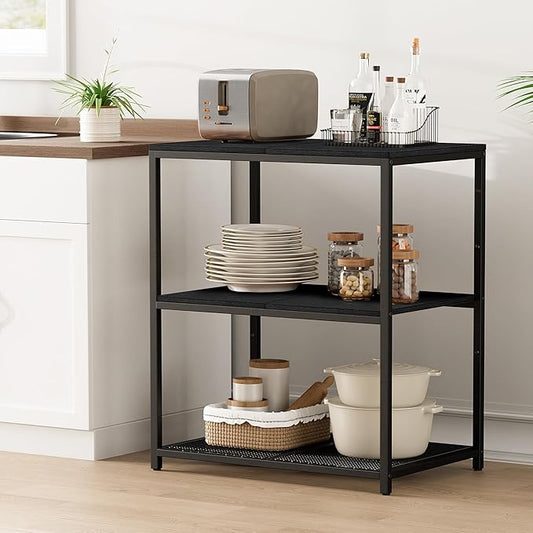 Homleke Kitchen Island with 3 Shelves, Kitchen Shelf with Large Workstation, Bakers Rack, Workbench, Metal Frame, Black