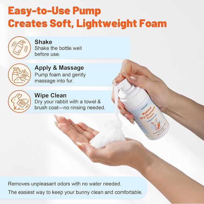 Waterless Rabbit Shampoo | Fragrance-Free & No Rinse Cleanser for Small Pets | Gentle for Sensitive Skin, Ideal for Ferrets, Guinea Pigs, Bunnies, Hamsters & Sugar Gliders, 3.38 fl oz (Fragrance Free)