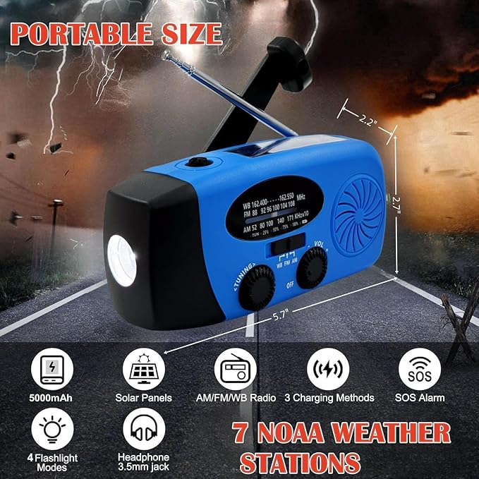 Solar Emergency Hand Crank Weather Radio, Portable Self Powered NOAA AM/FM Radios with SOS Alarm LED Flashlight 5000mAh Smart Phone USB Charger for Camping (Blue)