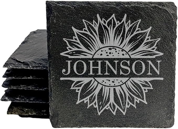Personalized Monogram Family Coasters, Natural Stone Set, Birthday, Wedding, Customized, Rustic - Square Slate - Set of 8