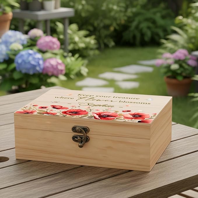 Personalized Wooden Box for Women, Pine Keepsake Garden Wood Box with Lids, Memory Storage Wooden Boxes for Mom Wife Gardener, Birthday Housewarming Christmas Gifts