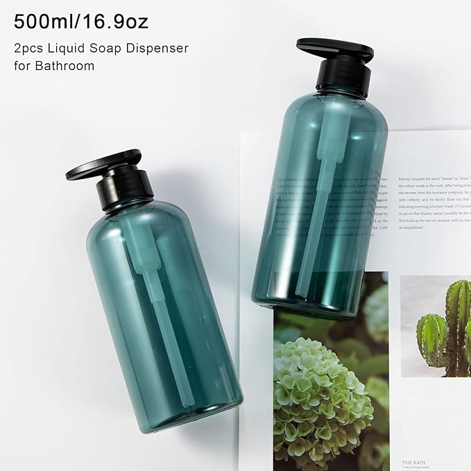 Yebeauty Pump Bottle, 2 Pack 17oz Plastic Lotion Bottle Pump Dispenser Large Bottle for Shampoo Soap, Clear Blue