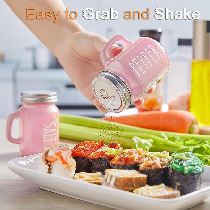 Pink Salt and Pepper Shakers Set - Pink Kitchen Accessories - Pink Kitchen Decor - 4 oz Glass Salt and Pepper Set for Cooking Table, RV, BBQ, Easy to Clean & Refill