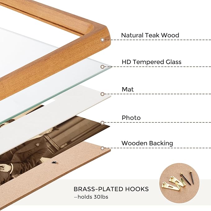 Heimlove 6x8 Picture Frames Natural Teak,Original Wood Hand Make Crafted Photo Frame with Mat to 5x7 Graduation Picture Display,Family Picture,Wedding Picture Tabletop & Wall Decoration