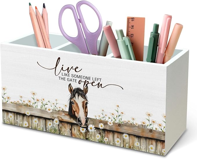 DILSJ Inspirational Horse Pen Pencil Holder Organizer for Desk, Horse Gifts for Women, Live Like Someone Left The Gate Open Wooden Box Signs for Home Office Desk Tabletop Decoration