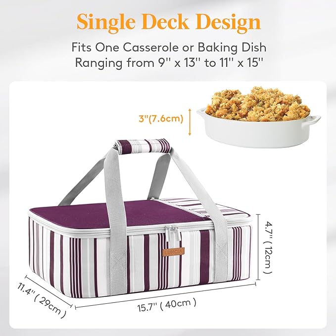LUNCIA Insulated Single Decker Casserole Carrier, Lasagna Lugger Tote Keeps Food Hot or Cold, Thermal Lunch Bag for Potluck Parties, Picnic and Cookouts, Fits 9" x 13" Baking Dish, Purple