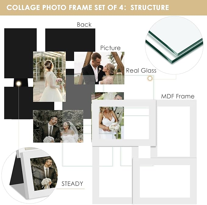 4x6 Collage Picture Frame Tempered Glass Front, Displays Four 4x6 Photo, Family Photo Collage Frame, Wall Decor Wall Hanging or Tabletop, White