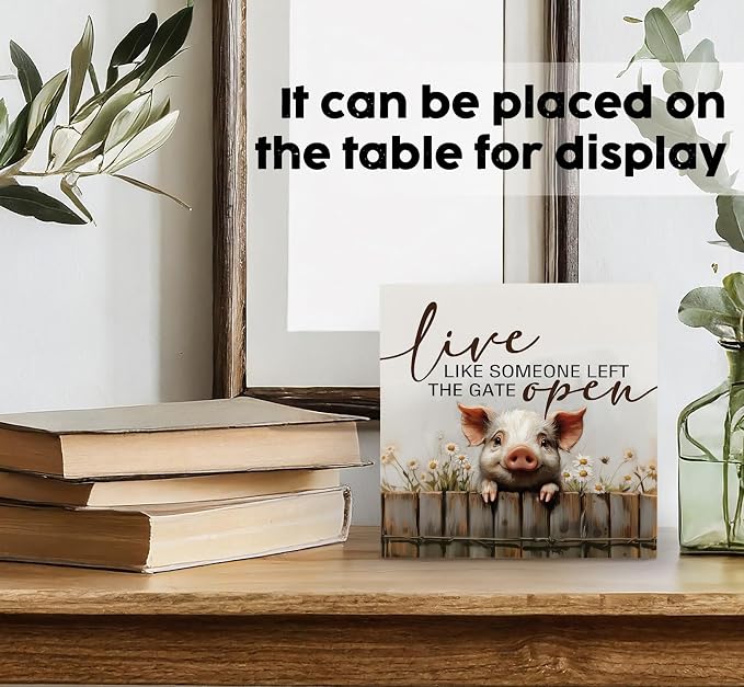 Pig Signs - Farm Cottagecore Animal Office Kitchen Bedroom Decor,Rustic Farmhouse Live like Someone Left the Gate Open Home Decor Wooden Signs,Pig Gifts for Women,6x6