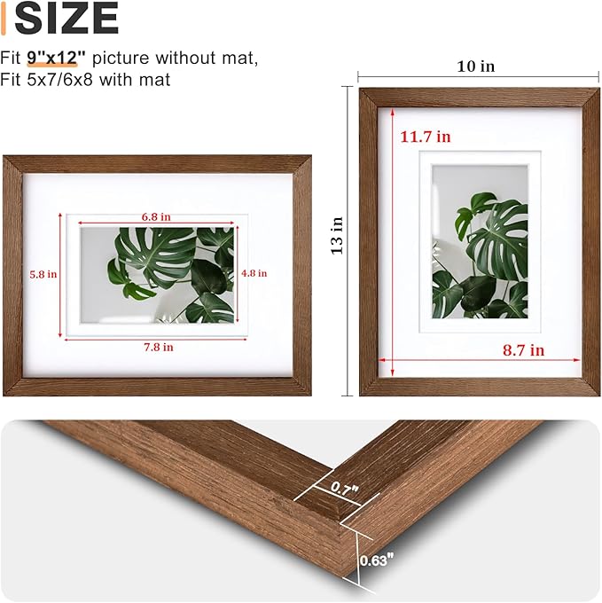 Egofine 9x12 Picture Frames Set of 4, Made of Solid Wood Covered by Plexiglass 5x7 and 6x8 with Mat or 9x12 without Mat, for Table Top Display and Wall Mounting Photo Frame,Walnut Brown