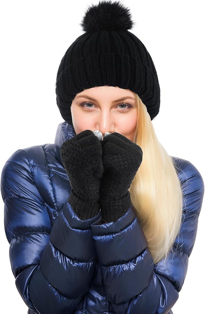 SATINIOR 5 Pcs Winter Satin Lined Hat Scarf Gloves Set Knit Pompom Beanie Warm Touchscreen Glove Earmuff Ear Warmer for Women