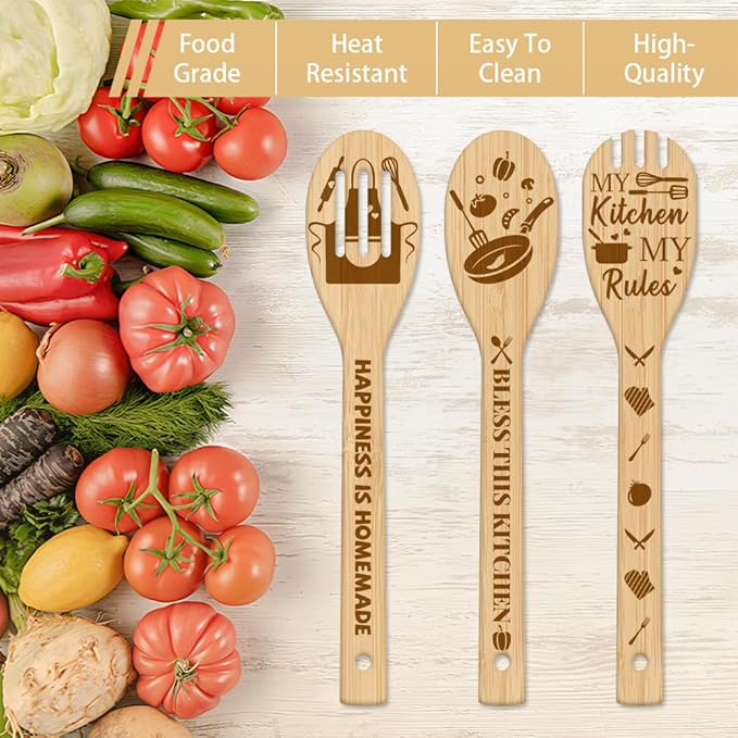 GLOBLELAND 6Pcs Kitchen Bamboo Cooking Utensils Wooden Engraved Cooking Spoons Set Carving Kitchen Bamboo Spatula Set for Women and Men Wood Cooking Spoon for Kitchen House Warming Gift