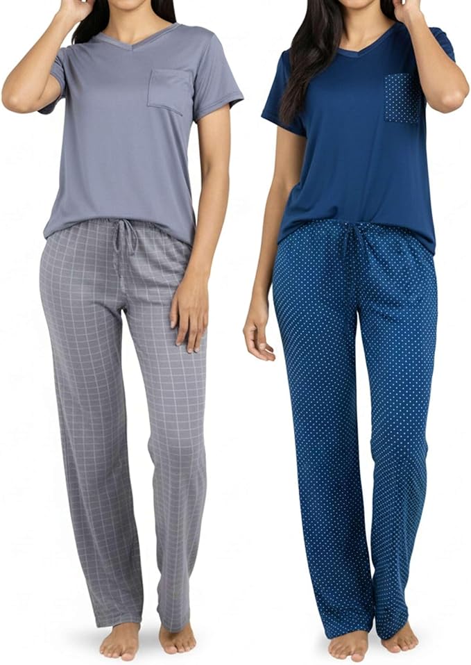 Real Essentials 2 Pack: Women's Comfy Pajama Sets - Short & Long Sleeve Ladies Loungewear Sleepwear PJs (Available In Plus)