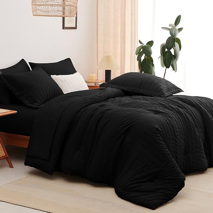 CozyLux California King Comforter Set with Sheets 7 Pieces, Black Seersucker Bed in a Bag Cal King Luxury Soft Bedding Sets with Down Alternative Comforter, Sheets, Pillowcases & Shams for All Season