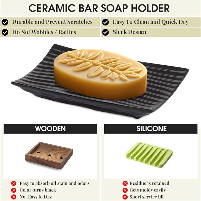 Modern Zen Black Ceramic Soap Dish - 4.9 x 3 Inches Sleek Bathroom Soap Tray - Durable Bar Soap Holder with Soap Saver Ridges, Black Soap Dish for Bathroom, Kitchen, or Shower