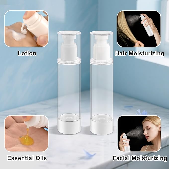 Airless Pump Bottles, 3.4oz/100ml lotion dispenser & Mist Spray Bottle for Toiletries, Refillable Travel Lotion Container,2pack Small Pump Bottle with 2pcs of 100ml Travel Pouches & Labels