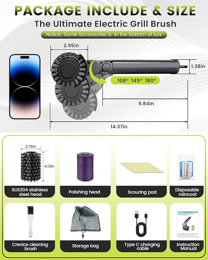 KISUFU [7.4V High-Power] Electric Grill Brush, 68W Motorized BBQ Scrubber with 50kg.f Torque, Bristle Free Grill Brush for Outdoor Grills, 150 Mins Runtime Heavy Duty BBQ Cleaning Tool