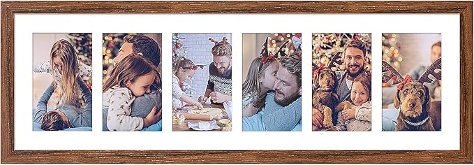 8x26 Collage frame with 6 Openings 4X6 Pictures, Multiple Picture Frame with Mat, Wall or Tabletop Decor, Carbonized Brown Wood Grain (1 Pack)