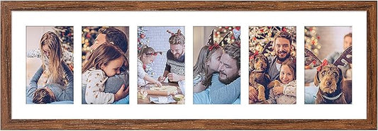 8x26 Collage frame with 6 Openings 4X6 Pictures, Multiple Picture Frame with Mat, Wall or Tabletop Decor, Carbonized Brown Wood Grain (1 Pack)