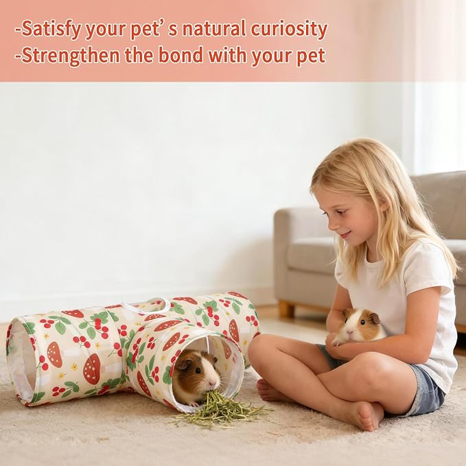 Rypet Guinea Pig Tunnel Hideout 3-Way Collapsible Small Pet Tubes, Cherry | 3 Way Design for Exploration, Collapsible for Easy Storage, Built-in Play Ball, Hiding & Resting for Hamsters Ferrets